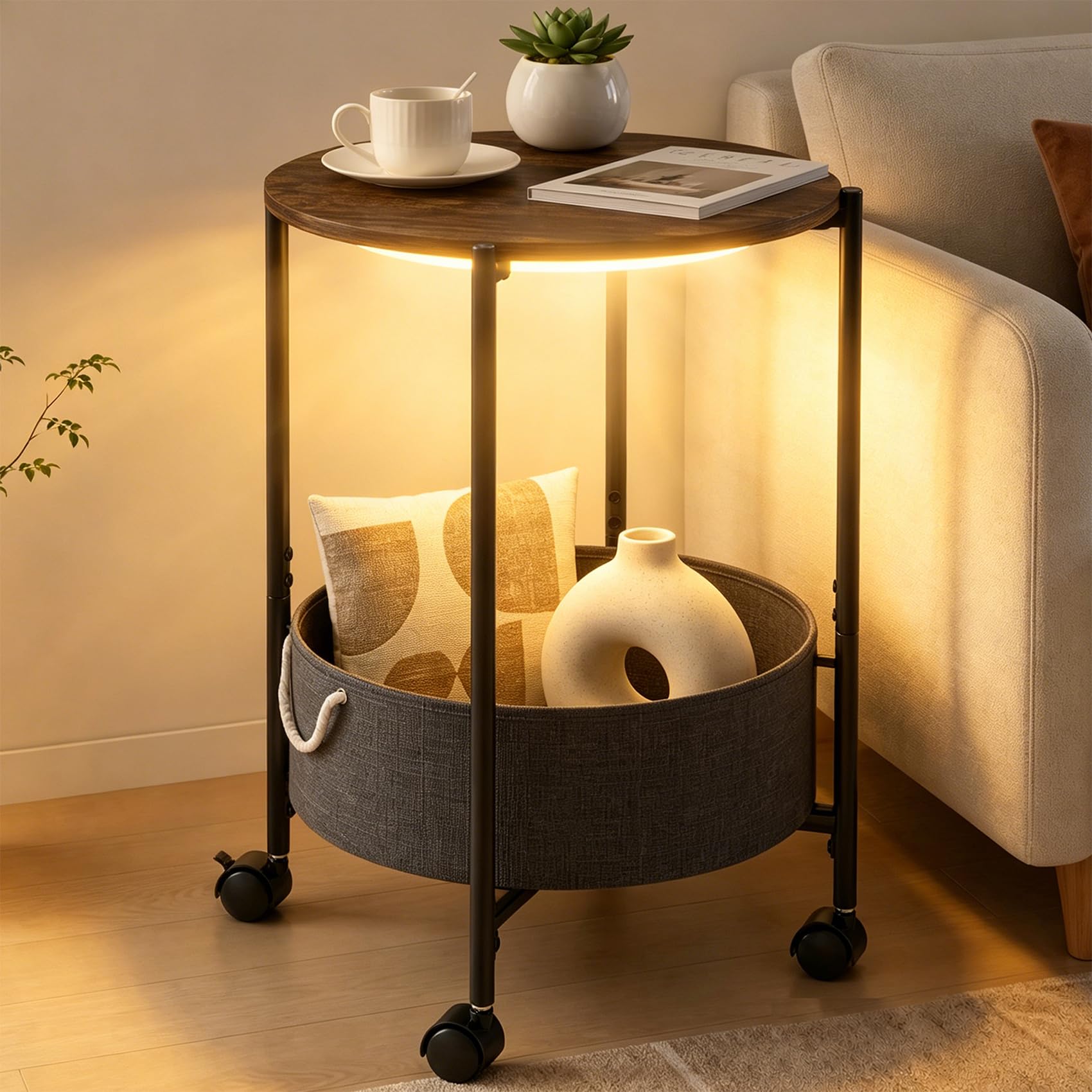 ARTETHYS Side Table, Small Side Coffee Tables for Living Room, End Table with LED Lights, Wheels, Storage Basket, Bedside Sofa Tables for Bedroom, Rustic Brown