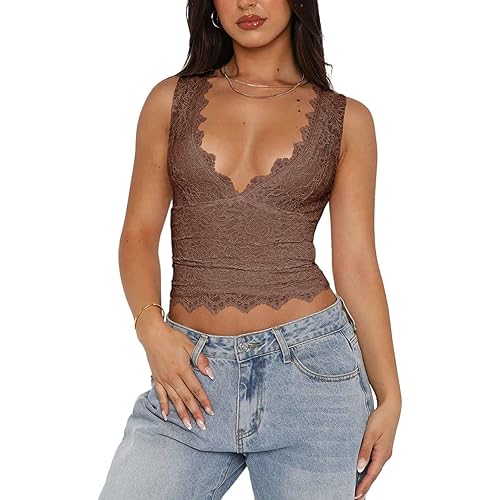 REORIA Womens Sexy V-Neck Sleeveless Double Lined Going Out Y2K Trendy Lace Cropped Tank Tops