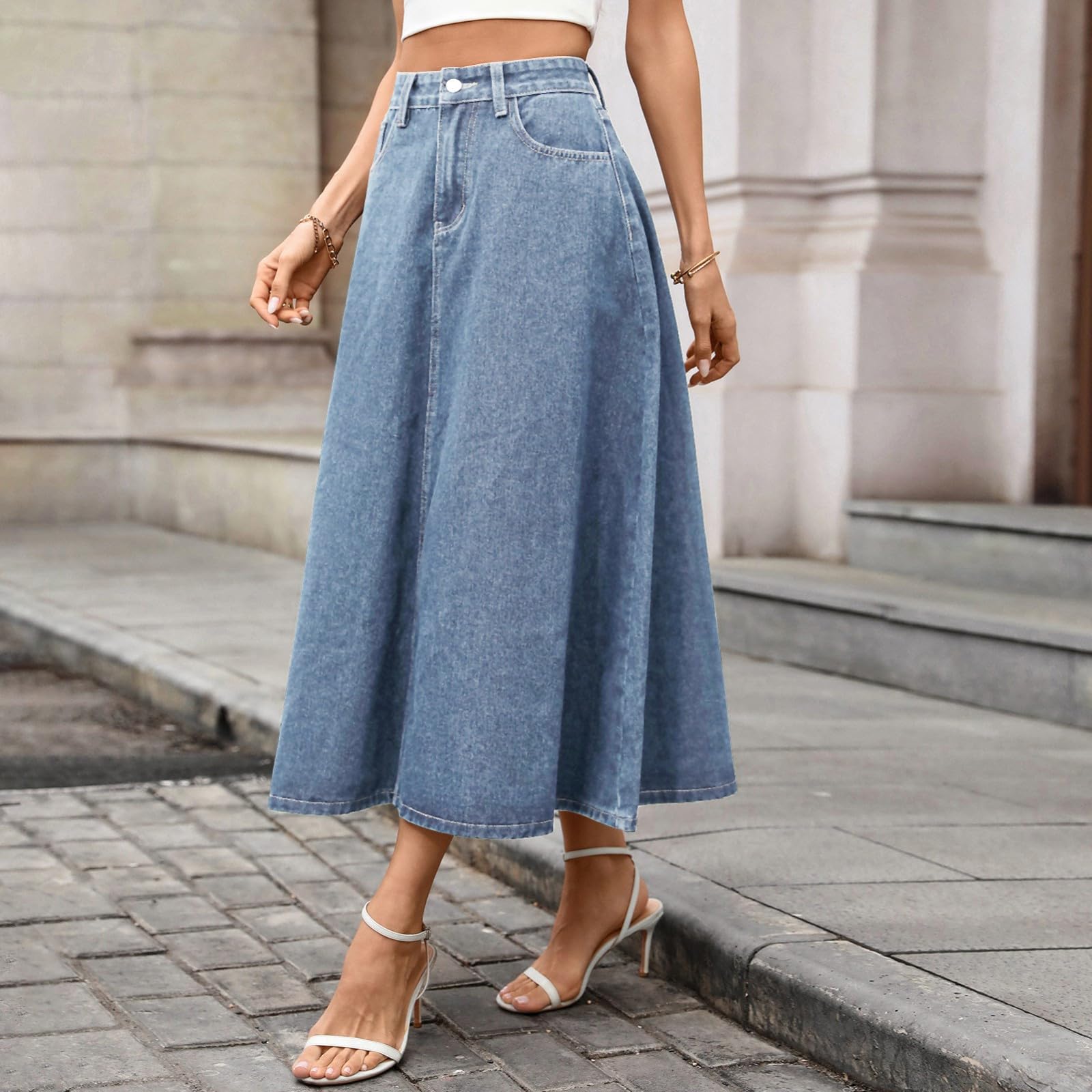 Faldas casuales de verano para mujer, falda midi de moda del Reino Unido con bolsillos, cintura elástica, faldas largas acampanadas, falda plisada de cintura alta, estilo 006
