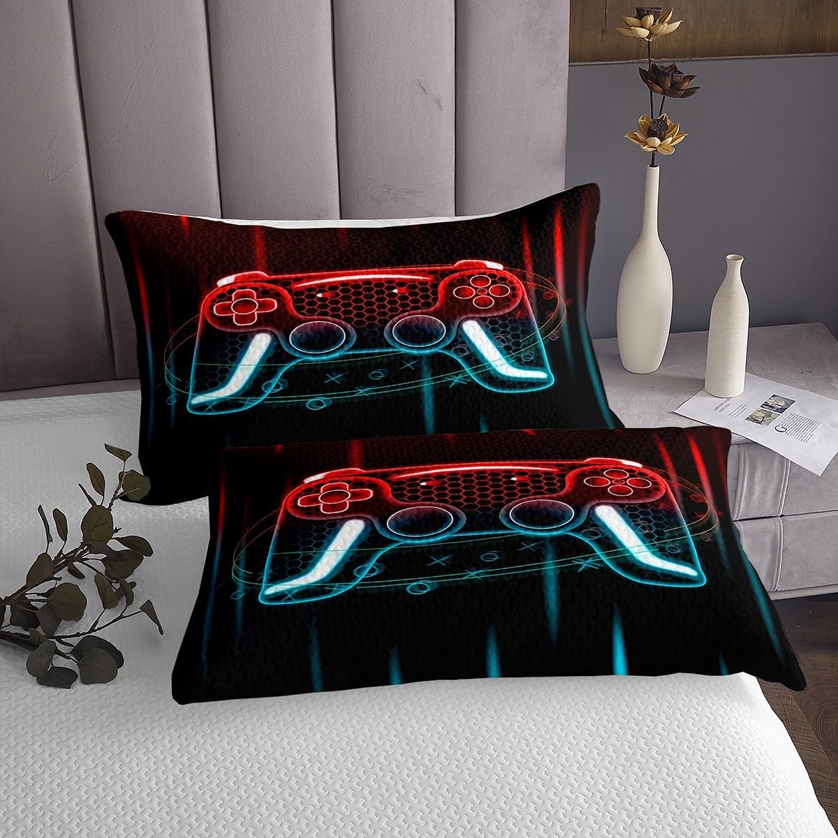 Erosebridal Video Game Coverlet Set King Size Game Joysticks Bedding Set for Kids Boys Girls Geometric 3D Game Controller Quilted Coverlet Red Blue Gradient Honeycomb Quilted