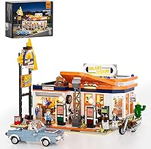 FUNWHOLE Gas Station Construction Set with Lights - 1608 Pieces for Adults and Teens, Exhibition and Road Trip, with Vintage Vehicles and Tools