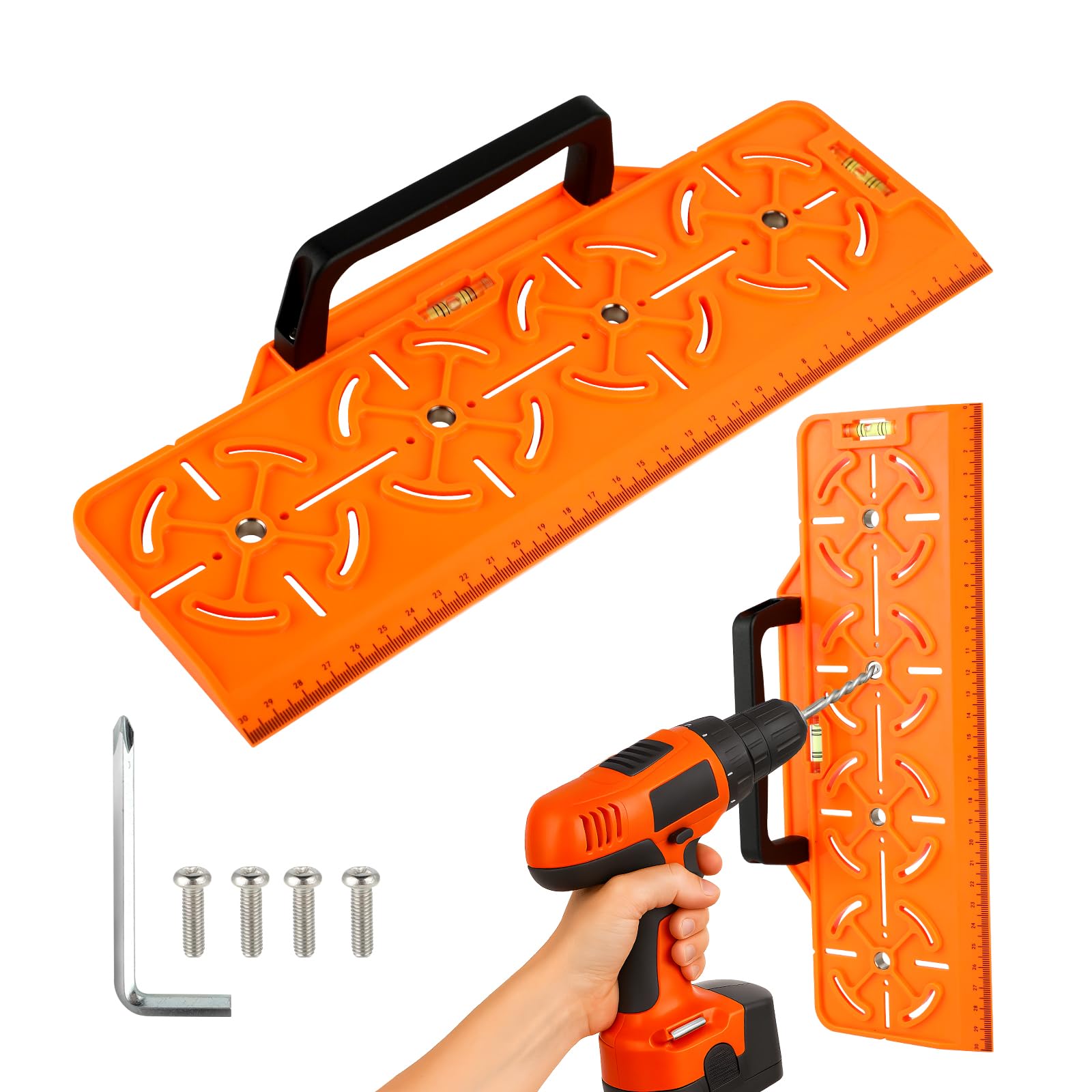 Plantilla de Taladro para Enchufe 71 mm – Caja Empotrada y Paredes Secas – Nivel de Burbuja y Regla Integrada, Herramienta de Precisión para Instalación Eléctrica(Naranja)