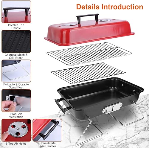 Miniatura 4 de Parrilla de carbón portátil con tapa, parrilla de barbacoa de mesa mejorada para exteriores, parrilla plegable para cocinar al aire libre, camping,