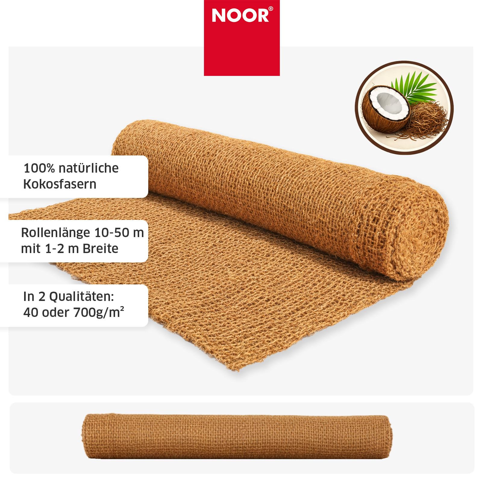 NOOR Kokos Böschungsmatte 1 m x 15 m - Erosionsschutz- & Ufermatte für Garten, Hang & Böschung - biologisch abbaubar & chemikalienfrei - Maschenweite ca. 3 x 3 cm - 400 g/m²