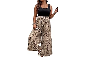 Women's Plus Size Graphic Print Belted Jumpsuit for Curvy Women Dressy