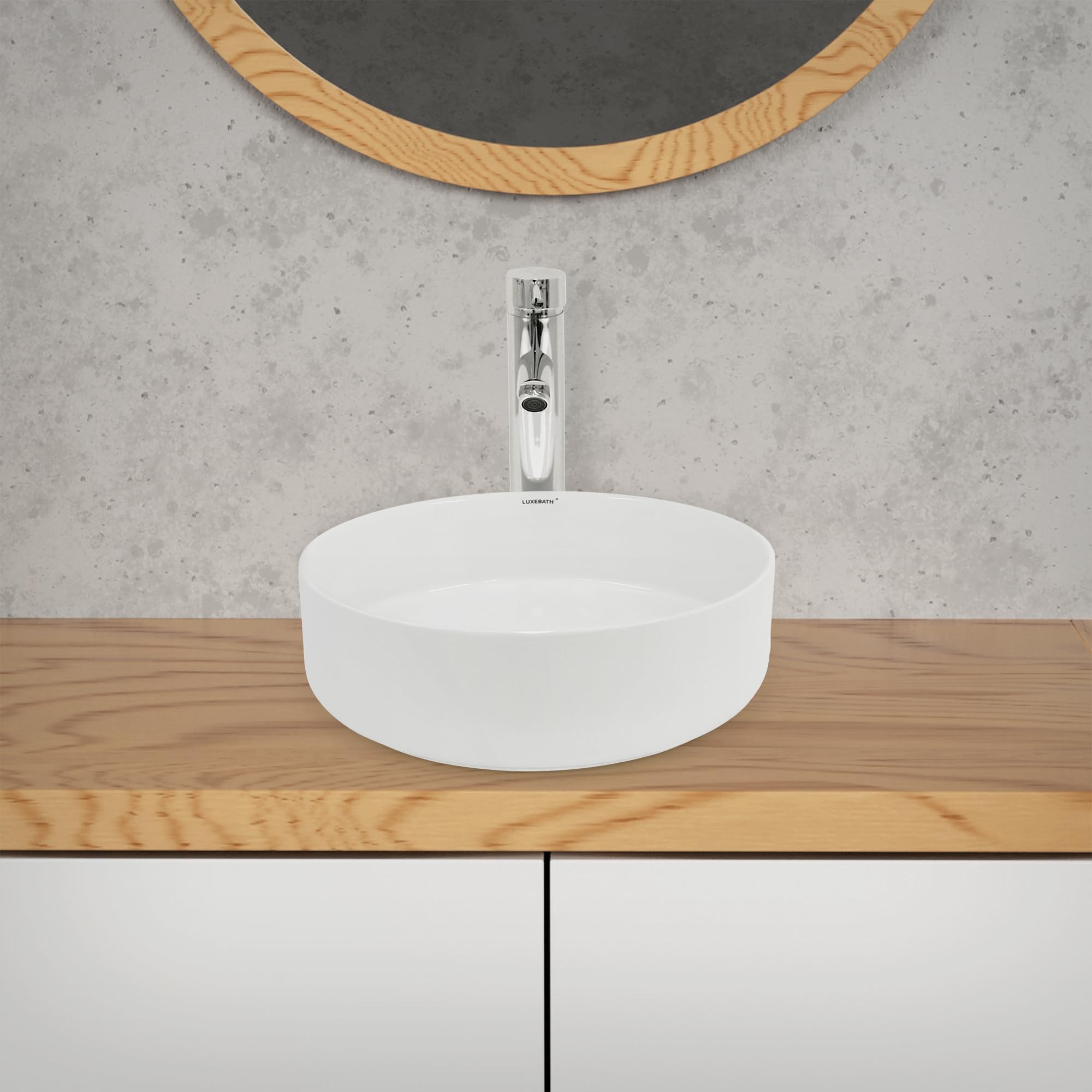 LuxeBath Lavabo de Baño Ø 355 x 120 mm Lavadero de Encimera Material Cerámico Blanco Redondo Fregadero de Aseo Cascada Estilo Moderno y Elegante Sanitario Sobremesa Lavamanos Sin Rebosadero
