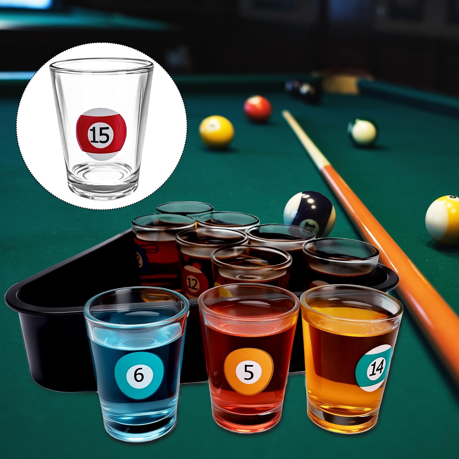 2 Set Billiards Shot Glass Set 20 Pool Ball Shot Glasses with 2 Triangle Trays Fun Shot Glass Set for Home Bar Game Night and Party