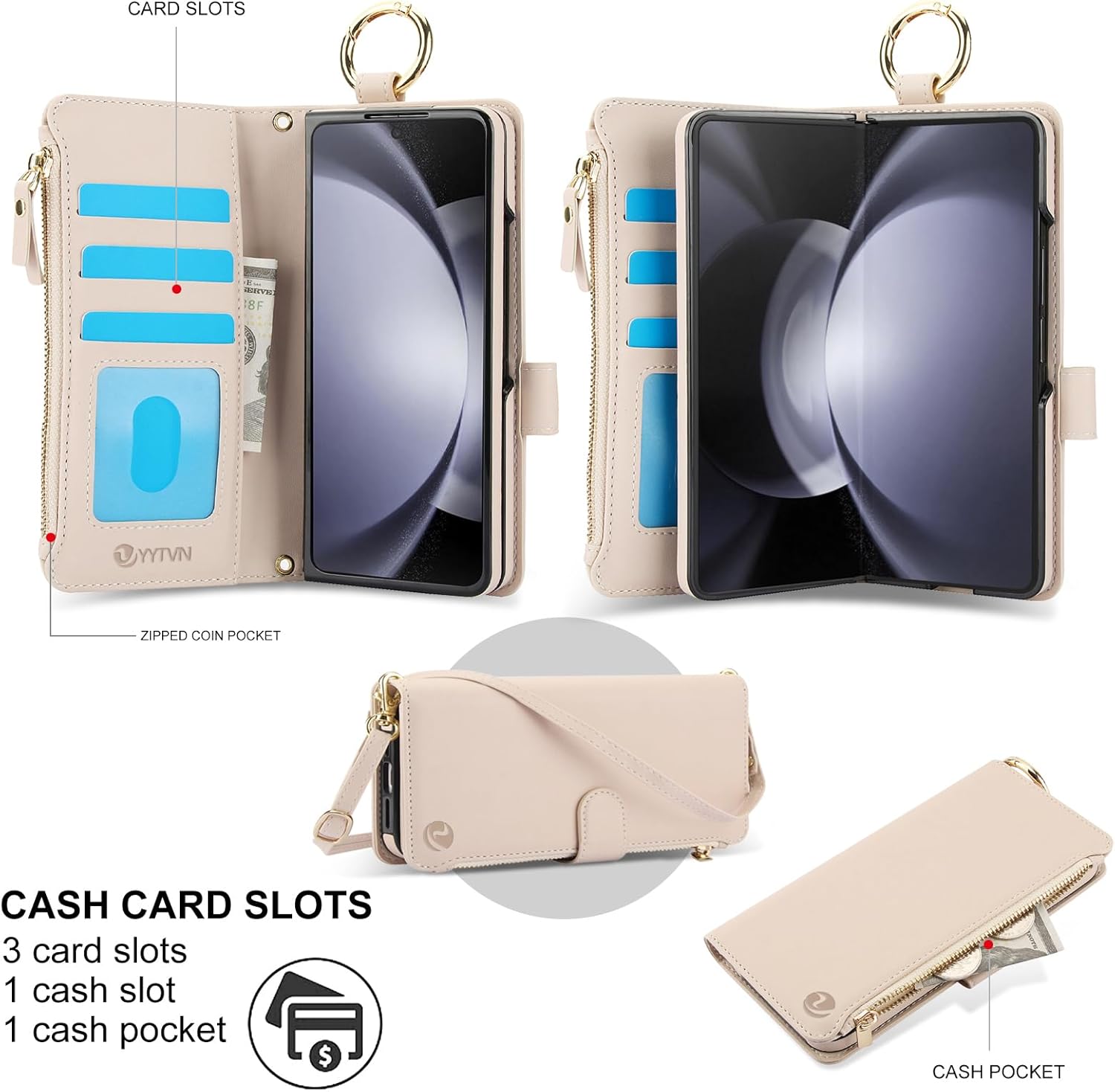for Samsung Galaxy Z Fold 5 Case Wallet with RFID Blocking Card Holder and Shoulder Strap Wrist Strap, Multi-Function Stylish Ring Zipper Purse Case for Galaxy Z Fold 5, White