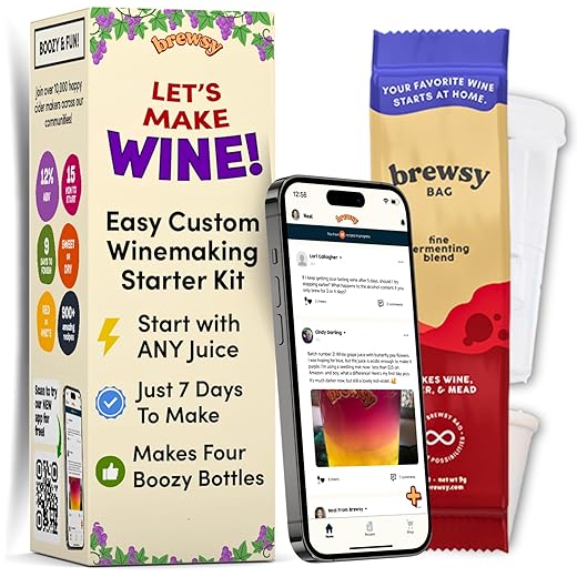 Brewsy Starter Kit for Wine Making - Custom Wine Kit - 4 Bottles in 9 Days - Red or White Wine - Use Any Juice