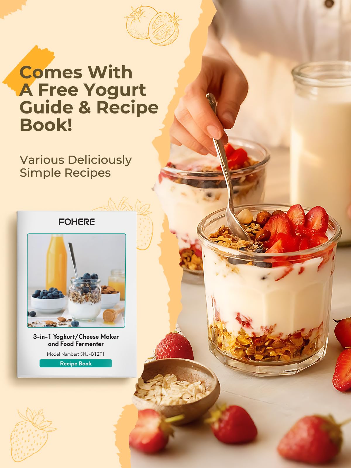 FOHERE Yogurtiera Elettrica con 2 XXL Vasetti da 2000 ml e 1400 ml, 4 * 125 ml Contenitori con Coperchio, 8 Programmi Preimpostati, Accessori per Yogurt Greco, Timer Digitale, 100% BPA Free