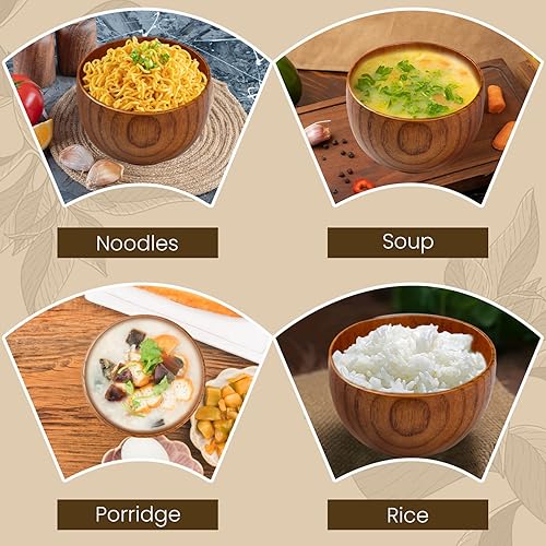 Miniatura 6 de NUOMI Juego de 2 cuencos de madera para alimentos, pequeños cuencos de madera con cucharas de madera para postre aperitivos, sopa, juego de vajilla