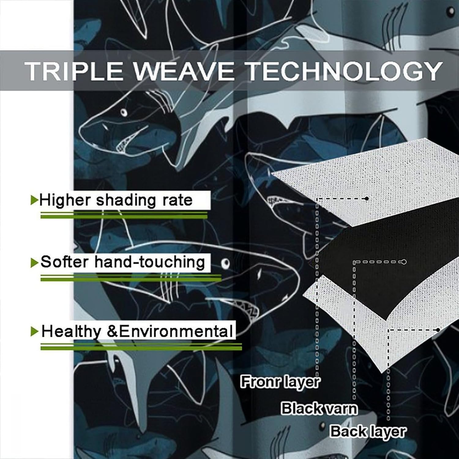 Cartoon Shark Blackout Curtains Simple Black Marine Animal Shark Line Windows Treatments Rod Pocket Drapes for Kids Boys Teenage Living Room Bedroom 42x54in