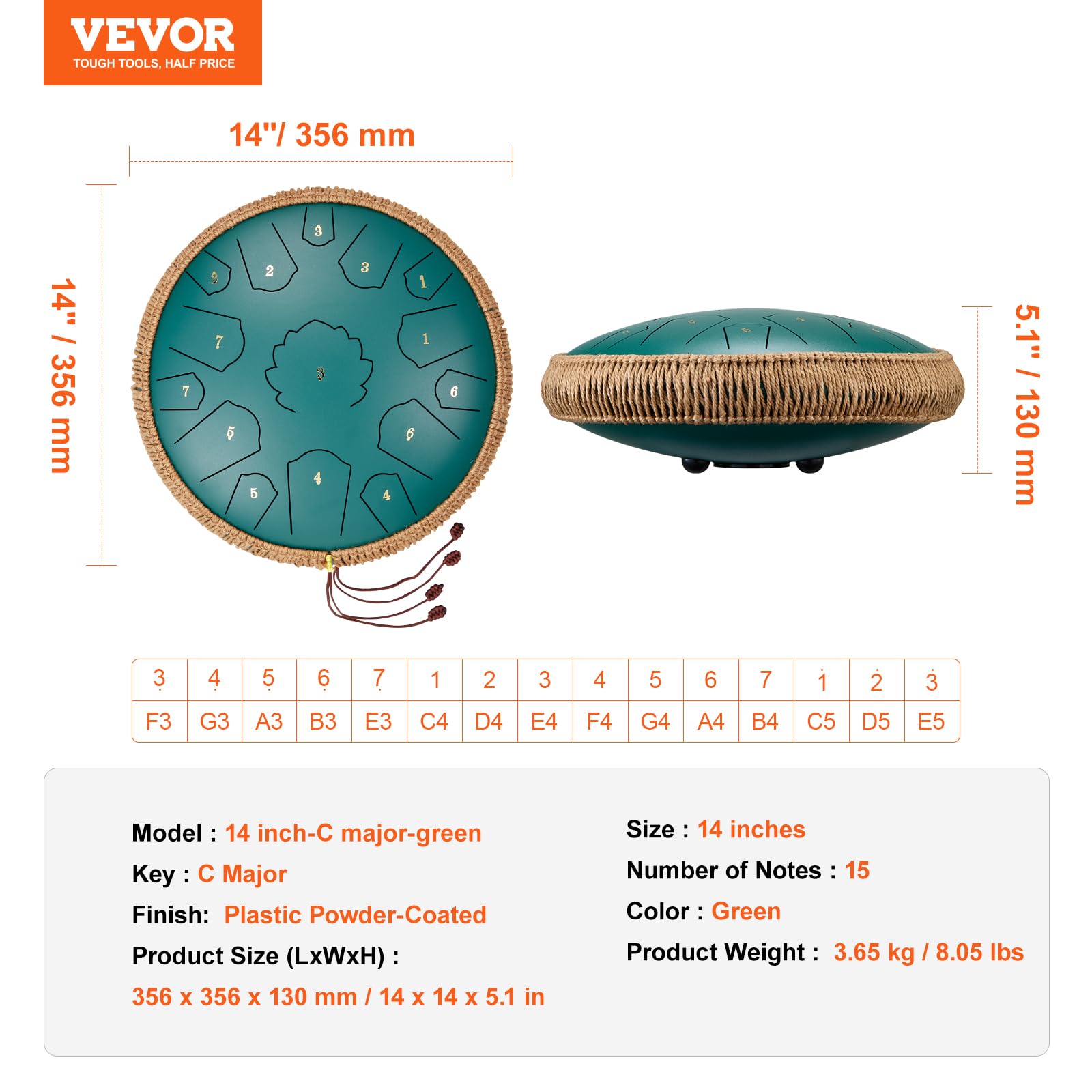 VEVOR Tamburo con Lingua in Acciaio, 356 mm 15 Toni, Tamburo da Pioggia da Giardino per Esterni, Chiave di Do Maggiore, Tamburo da Serbatoio, 2 Bacchette e Borsa per Trasporto, Tamburo Handpan, Verde