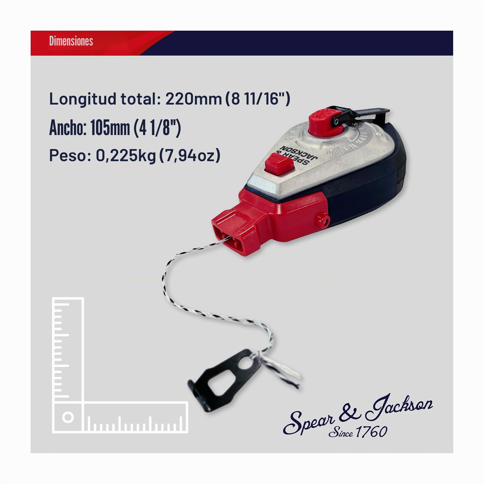 Spear & Jackson CHALKLINE Cuerda Trazadora de Aluminio, 30m/100ft con Enrollado Rápido, Incluye Polvo de Tiza, Marcador para Albañiles, Constructores y Uso Exterior, Duradera y de Fácil Recarga