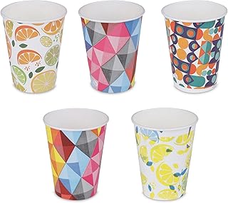 ekysa Basics Paper Disposable Tea/Coffee Cups – 250 ml, Eco-Friendly, Leak-Resistant, for Hot Drinks, Mix Prints Design, Pack of 50