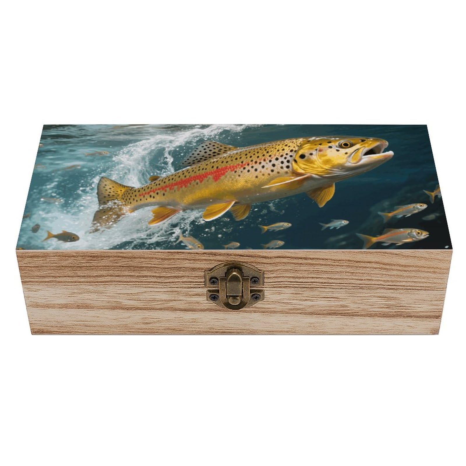 Peiyeety Trout In The Water Wooden Storage Box Vintage Wooden Jewelry Box With Hinged Lid Natural Wood Keepsake Storage Boxes Decorative Rustic Organizer For Home Decor, Crafts, Rings, Gifts