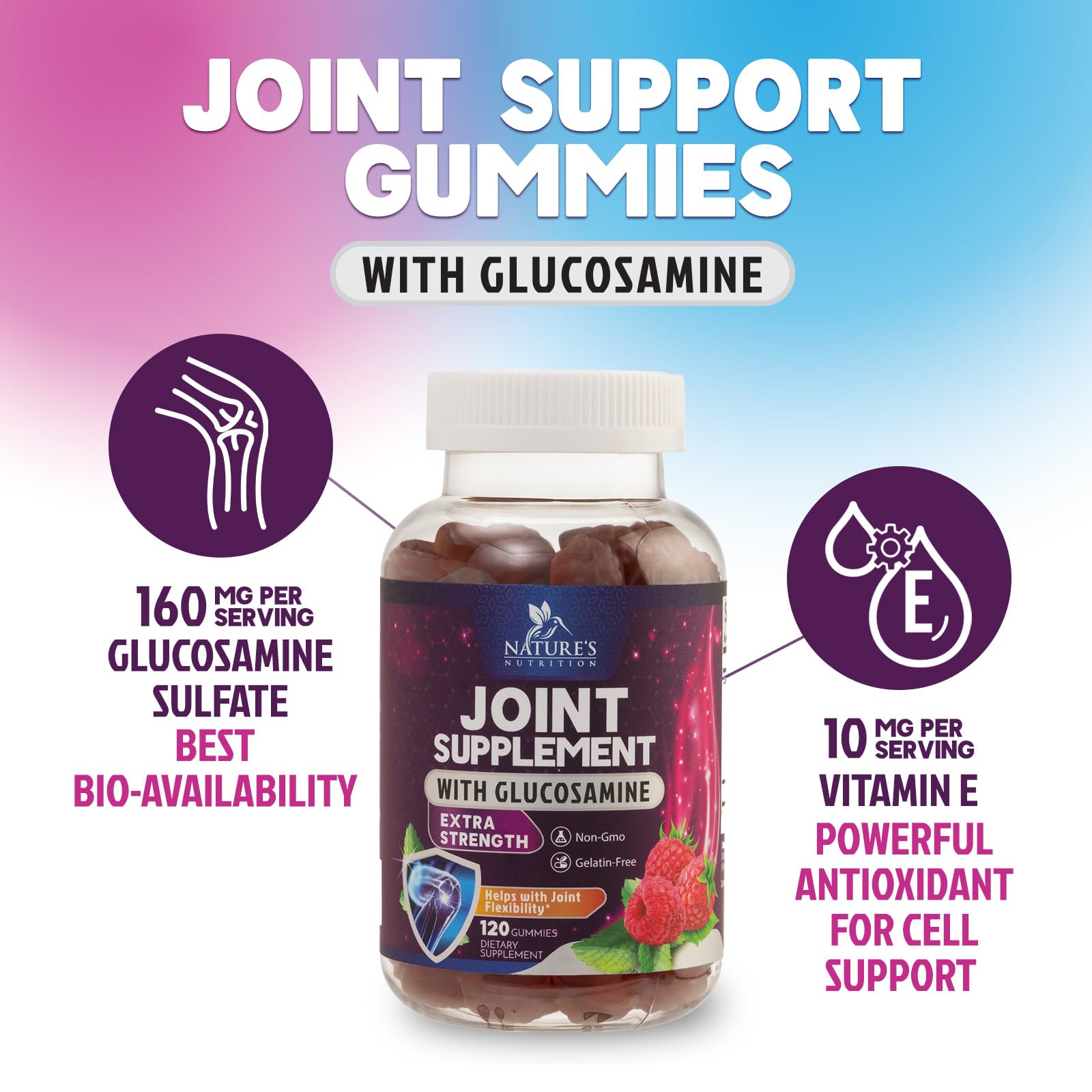Joint Support Gummies - Extra Strength Glucosamine Gummy Plus Vitamin E - Nature's Joint Support Supplement for Occasional Discomfort for Back & Knees - Cartilage & Flexibility Support - 120 Gummies — Amazon image 3