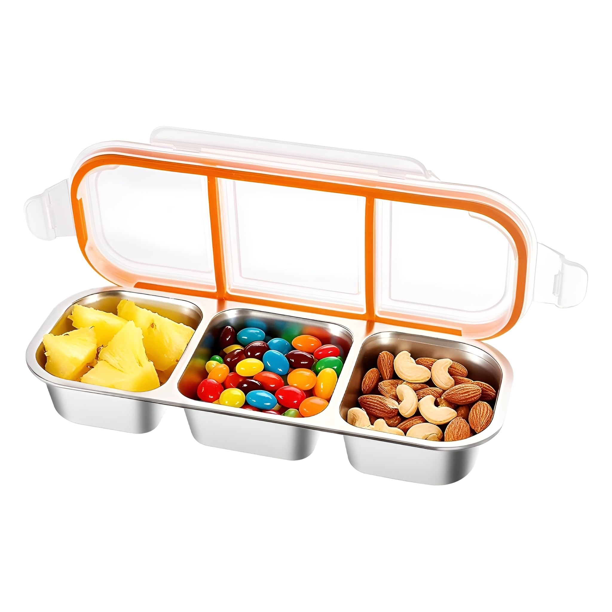 1 Pcs Stainless Steel Snack Box with 3 Compartments, Leakproof Reusable Bento Lunch Container with Lid, Metal Food Storage Box for Fruits, Nuts & Meal Prep, 600ml for Office School Travel-image-15