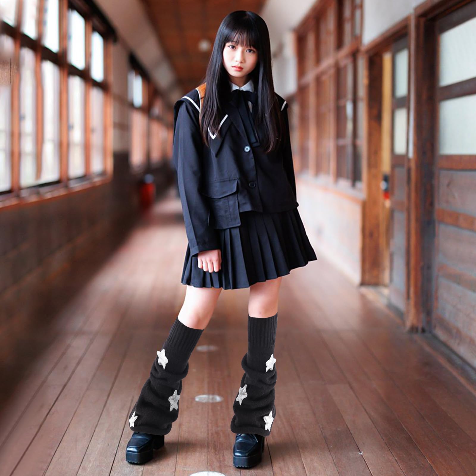 Junely 2 Pairs Leg Warmers for Women Kawaii Leg Warmer Cute Legwarmers Japanese Socks Halloween Goth Emo Gyaru Accessories: Black and White