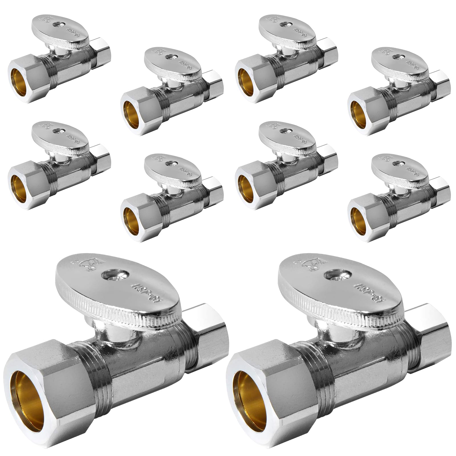 Photo 1 of 10-PCs HeSun Straight Stop Valve, 1/2" Nominal (5/8"OD) Compression x 3/8" OD Compression, 1/4 Turn Shut Off Valve for Bathroom, Chrome Plated Brass(VALVE122)