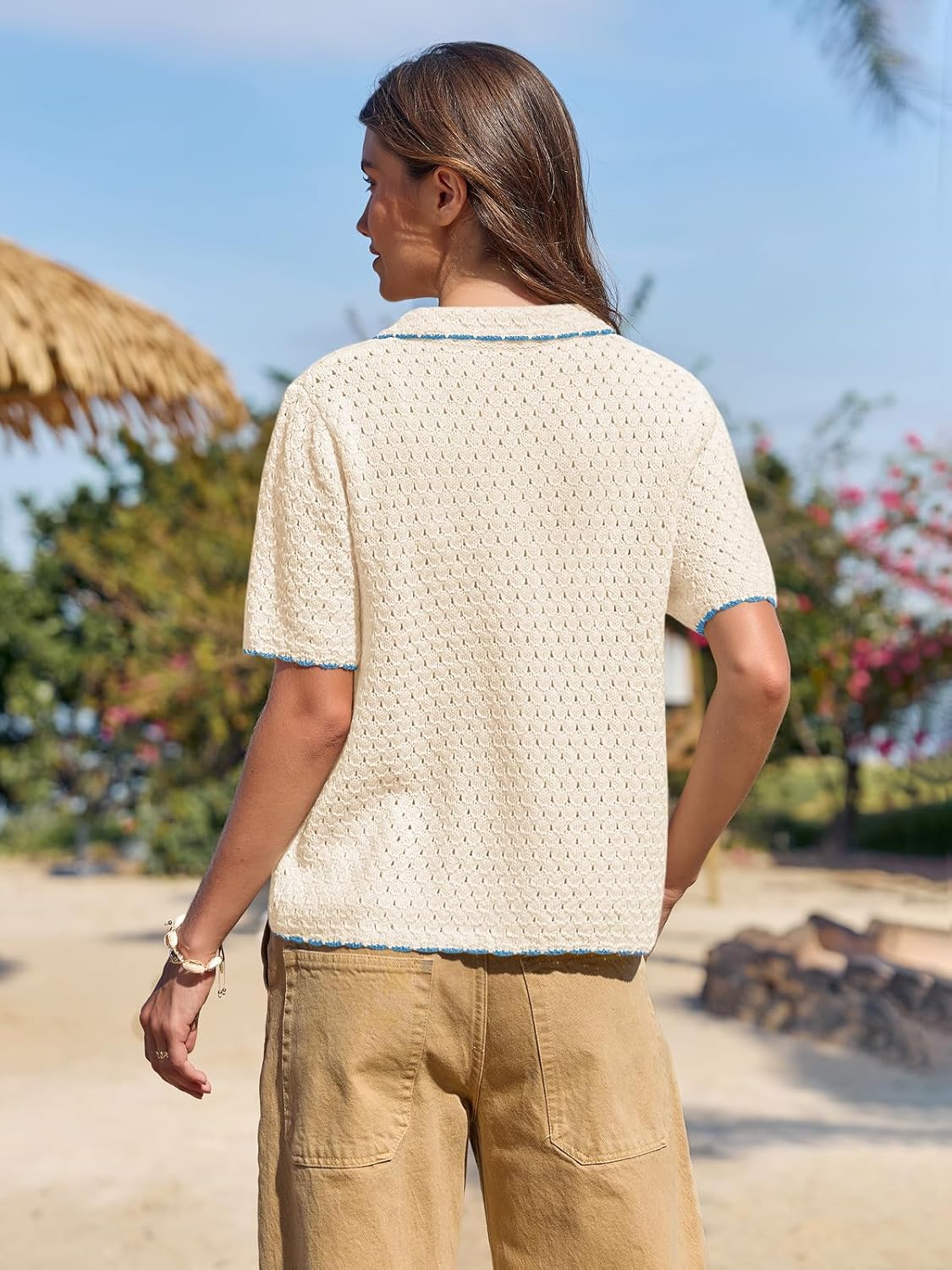 Yousify Womens Striped Short Sleeve Sweater Casual Knitted Button Down Crochet Cardigan Vintage Y2k Hollow-Out Tops - Image 6