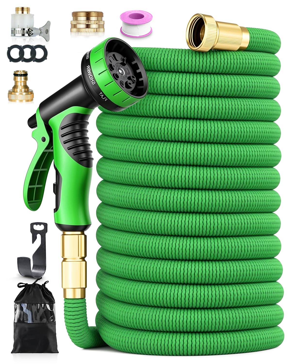 150FT Expandable Garden Hose, 45M Leak-Proof Flexible Hose Pipe with 10-Pattern Spray Nozzle, Expandable Water Hose for Gardening, Kink-Free, 4-Layer Latex Core, 1/2" 3/4" Universal Fittings, Green