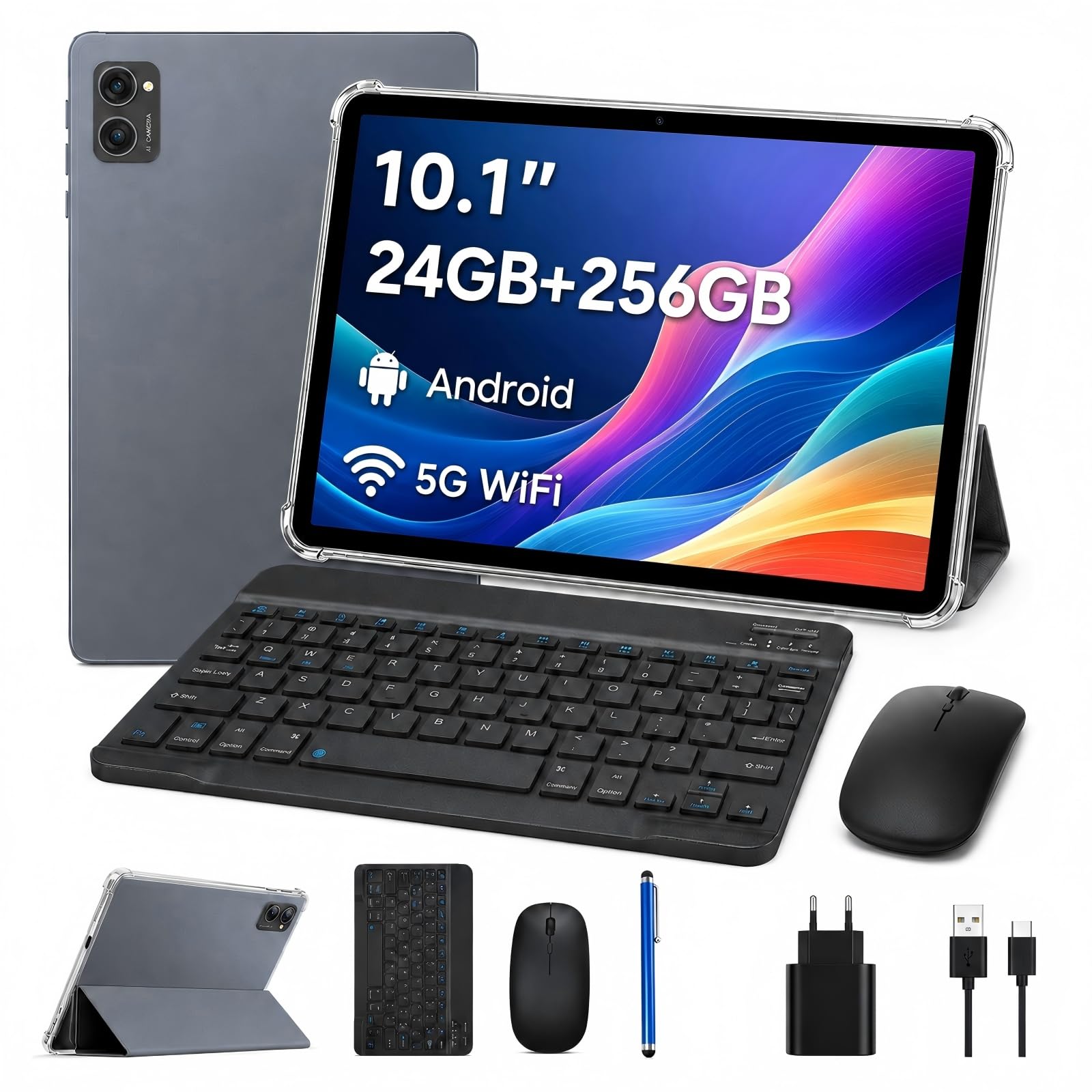 BESTTAB Android Tableta con Teclado - 24 GB RAM + 256 GB ROM(2TB TF) | Tablet 10 Pulgadas con Lápiz, Ratón y Funda, T606 Ocho Núcleos, Widevine L1, WiFi 5G, Batería 5000 mAh