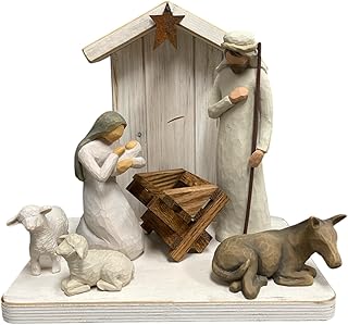 Stable for a Nativity (Fits The Willow Tree Figures) *Distressed *Wood Oak Baby Manger, Angel Stand, Lights, Creche, Custom Personalized Sign, Handmade in USA