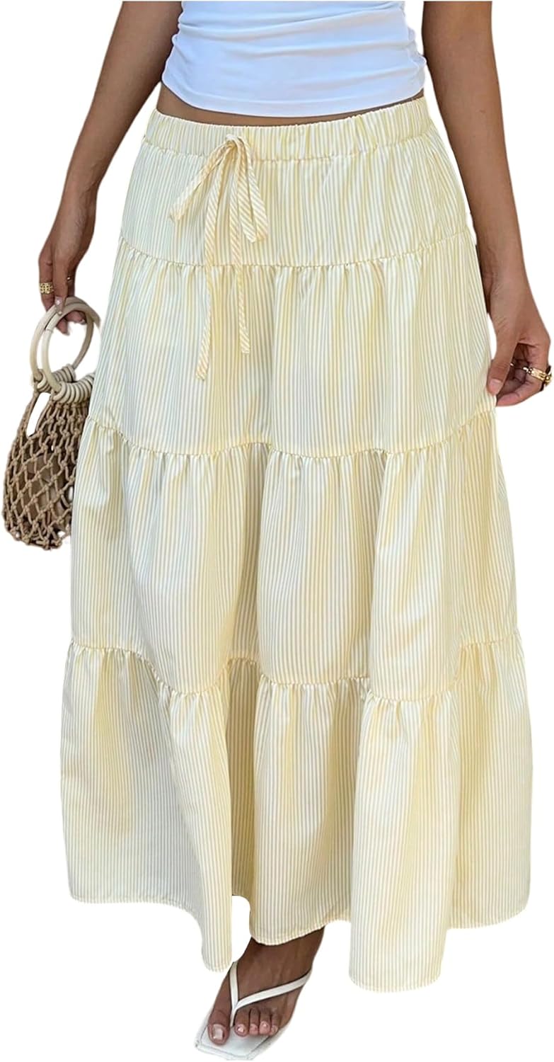 Milumia Women's Striped Tiered Maxi Skirt Layered A Line Flowy Long Skirts