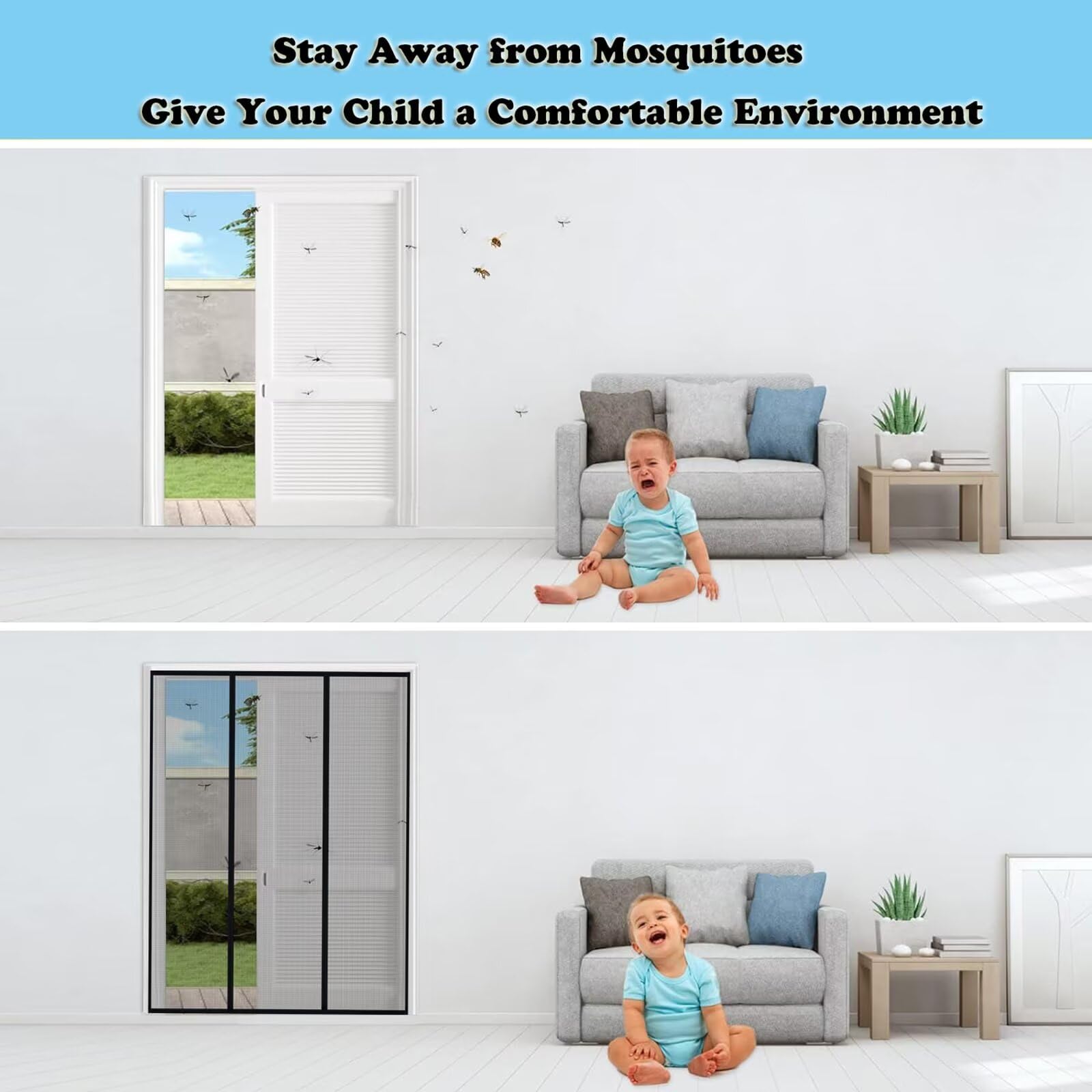 Mosquitera Puerta Magnetica Exterior,con de cierre de gancho y bucle e imanes potentes que cierran instantáneamente Sin Perforacion 265x235cm,Blanco