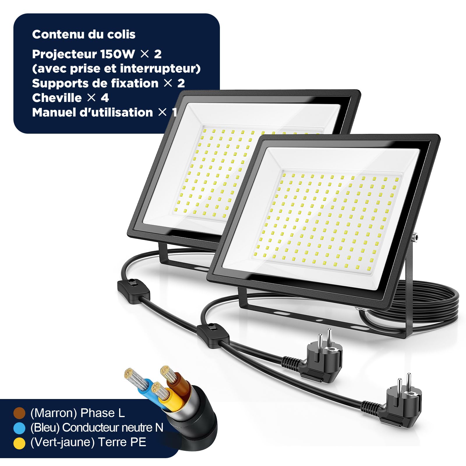Projecteur LED 150W 16500LM 6500K, IP66 Étanche Extérieur, 160° Grand Angle, CRI 80-90, Aluminium Moulé sous Pression, Verre Trempé, Valve de Pression – Pour Jardin, Garage, Chantier, Terrasse(2 PACK)