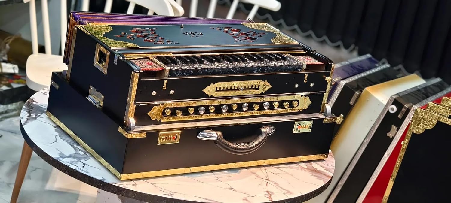 NamasteHimalayas Limited 4- Reed 13-Scale Professional Scale Changer Harmonium – Black Edition with Premium Golden Brass Finish Best for Kirtan, Bhajan, Meditation, Sound Healing Therapy