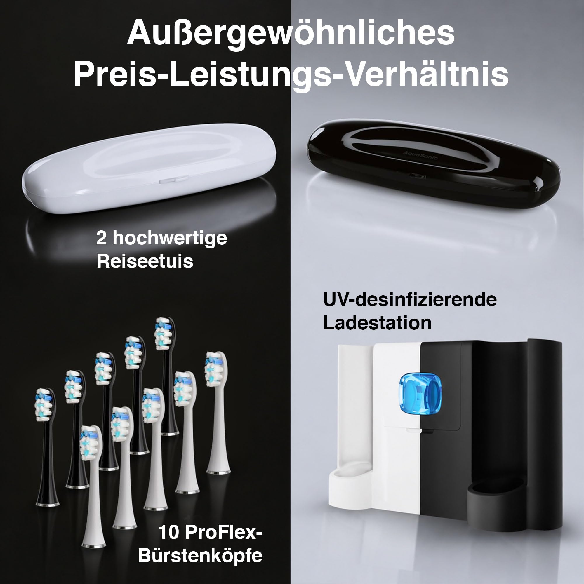 Aquasonic - Duo Series PRO UV | ADA akzeptierte elektrische Zahnbürste mit UV-Sanitizer - Induktive Ladestation, 5 Modi mit Smart Timern, 10 Proflex Bürstenköpfe & 2 Reiseetuis