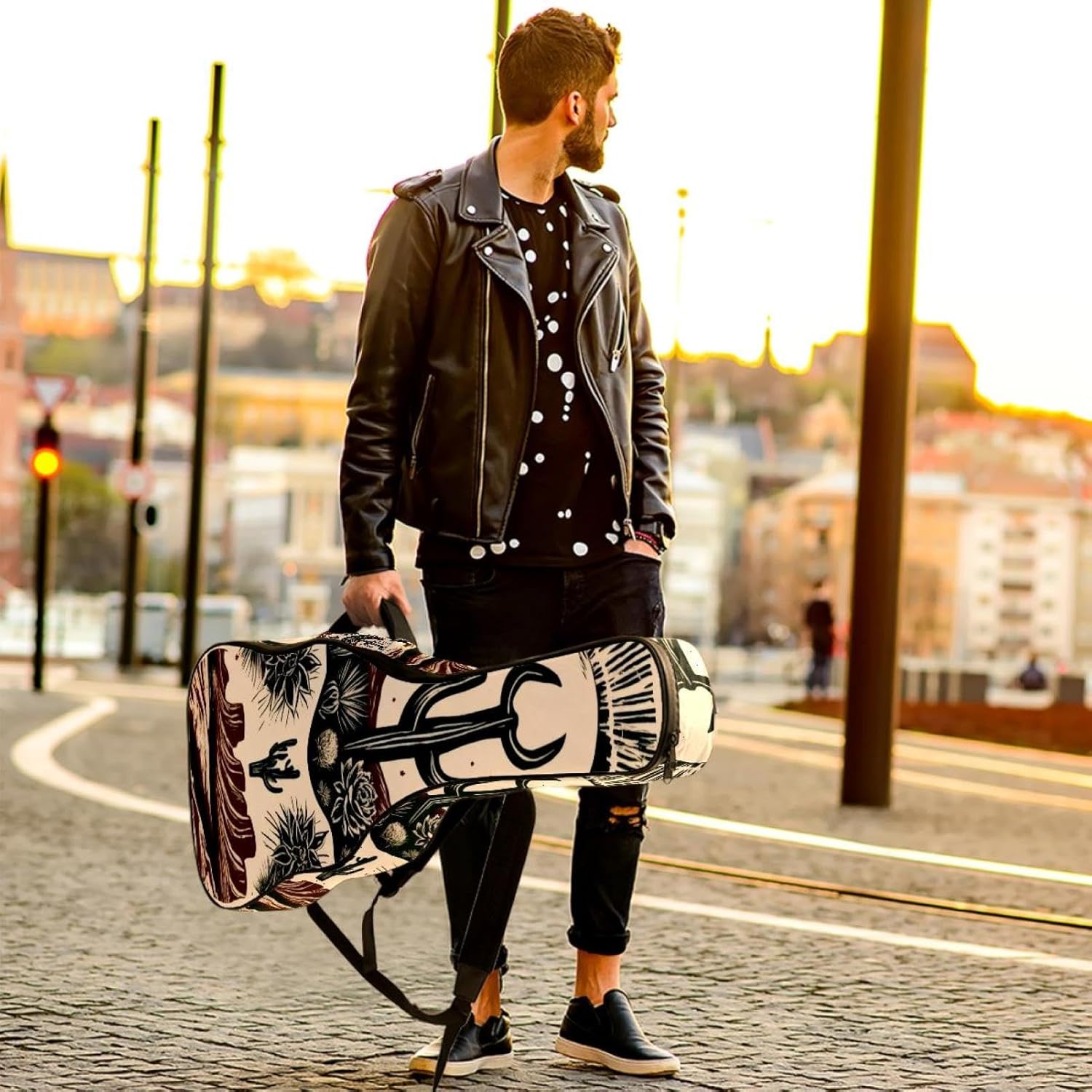 Acoustic Guitar Gig Bag 1 cm Thick Padding, Waterproof Electric Guitar Bag 40-42 Inch Guitar Case Backpack with Dual Shoulder Strap, Vintage Western Boho Set