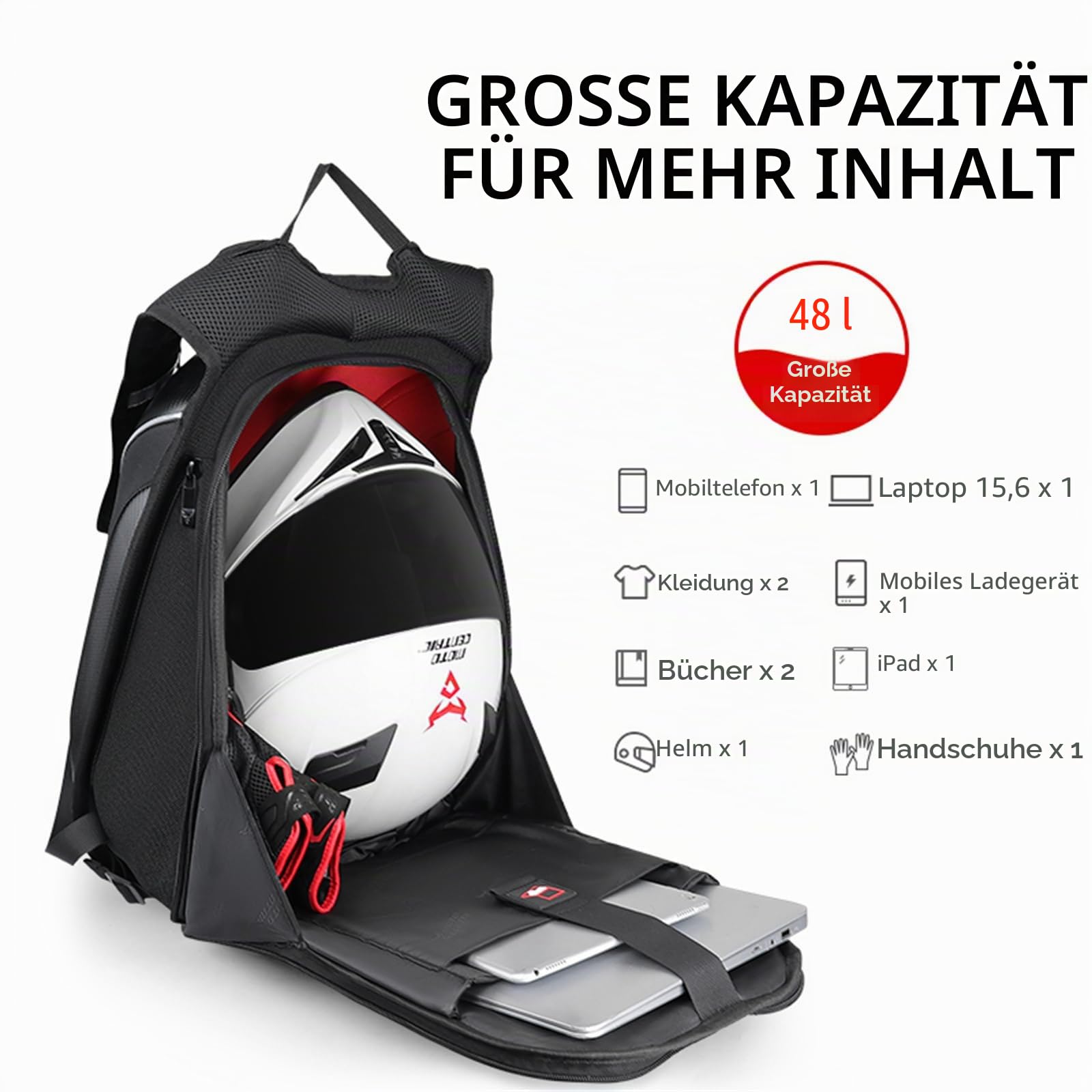 48L Motorrad-Rucksack, Helmtasche, wasserdicht, Kohlefaser, Moto-Rucksack, Hartschale, reflektierend, Motorradkoffer, Blau