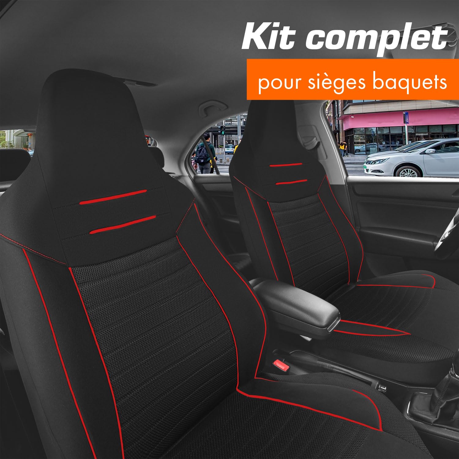 upgrade4cars Housse de Siege Voiture Appui Tête Intégré Universelle Noir Rouge | Ensemble de Housses Siège Auto Universel | Couvre Sieges pour Avant et Arrière