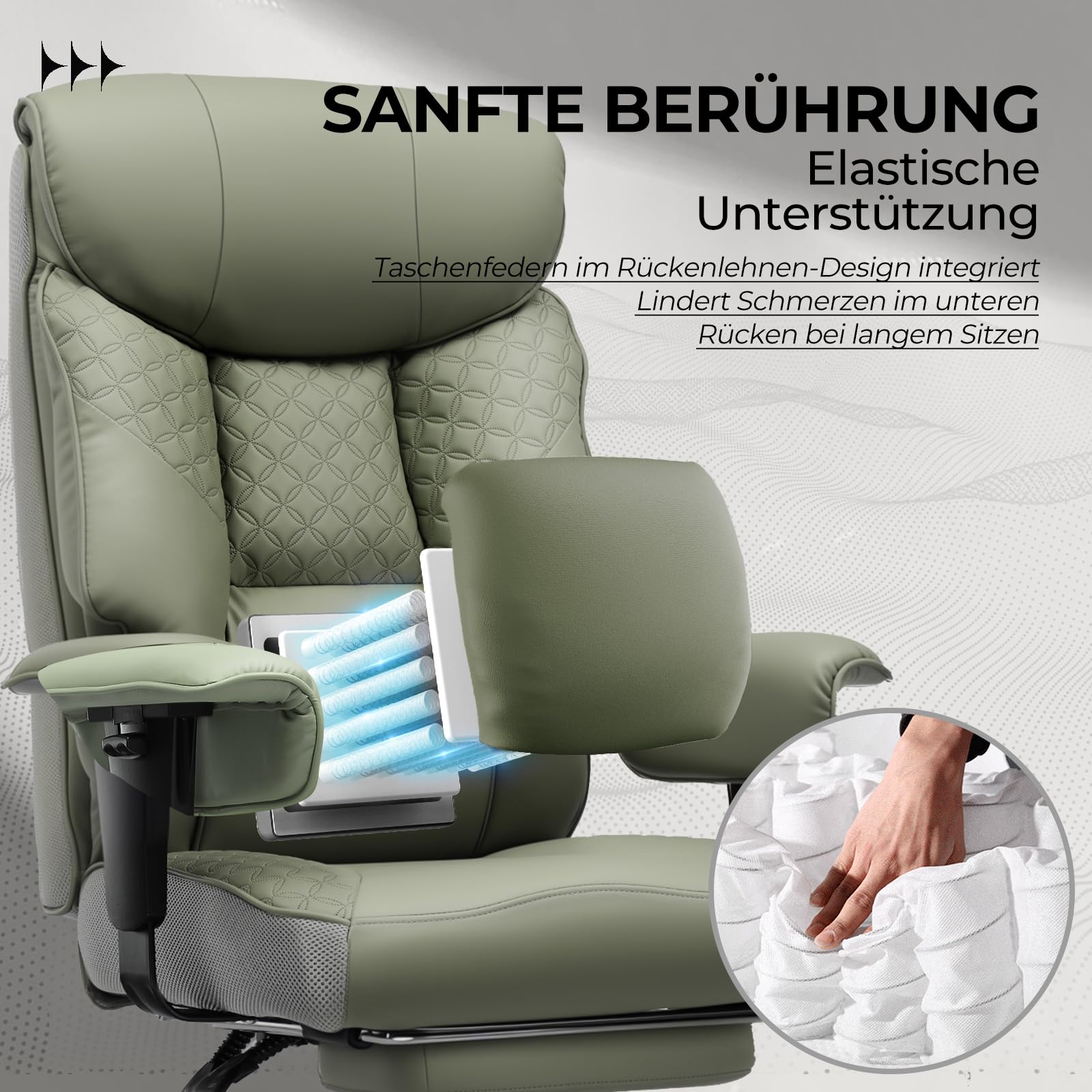 COMHOMA Gaming Stuhl für Große und Schwere Personen, ergonomischer Bürostuhl bis 180 kg, 3D Sitzkissen, verstellbar mit Fußstütze, PU-Leder, hoher Komfort für Büro & Gaming Grün