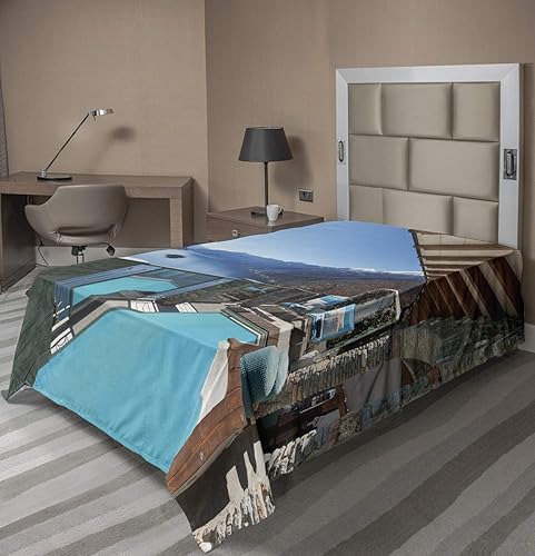 Lunarable Sábana encimera de verano, terraza con piscina y vistas al lago de la casa balcón ocio sueño vacaciones destino, suave cómoda sábana