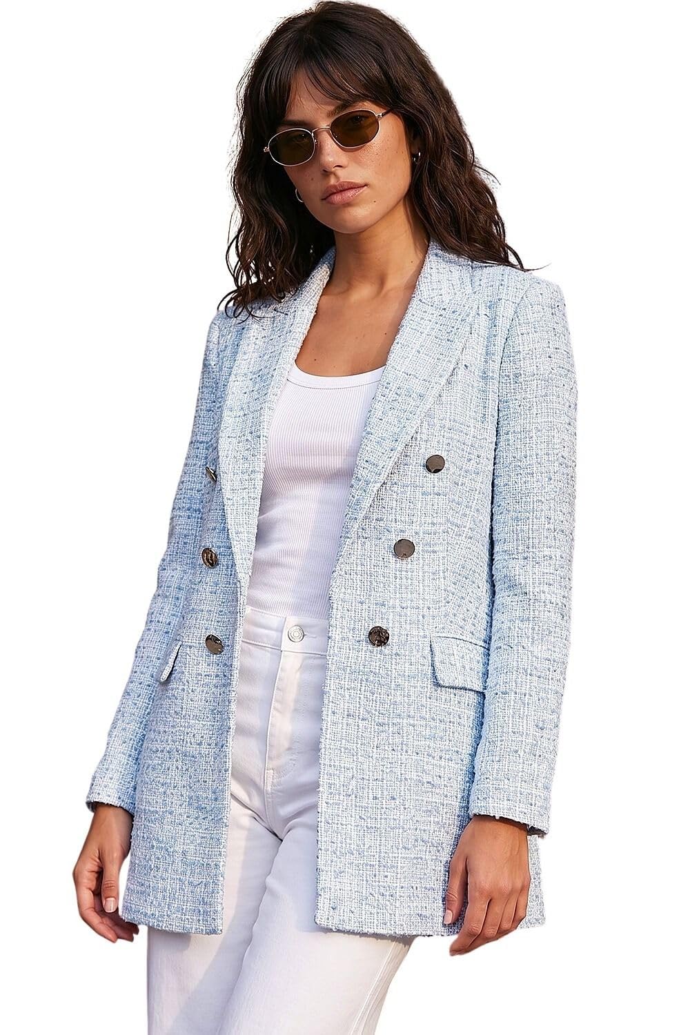 Roman Boucle Blazer for Women UK Ladies Frayed Edge Tailored Longline Rever Collar Jacket Lapel Stretch Smart Office Work Party Night Going Out Lined Classic - Light Blue - Size 14