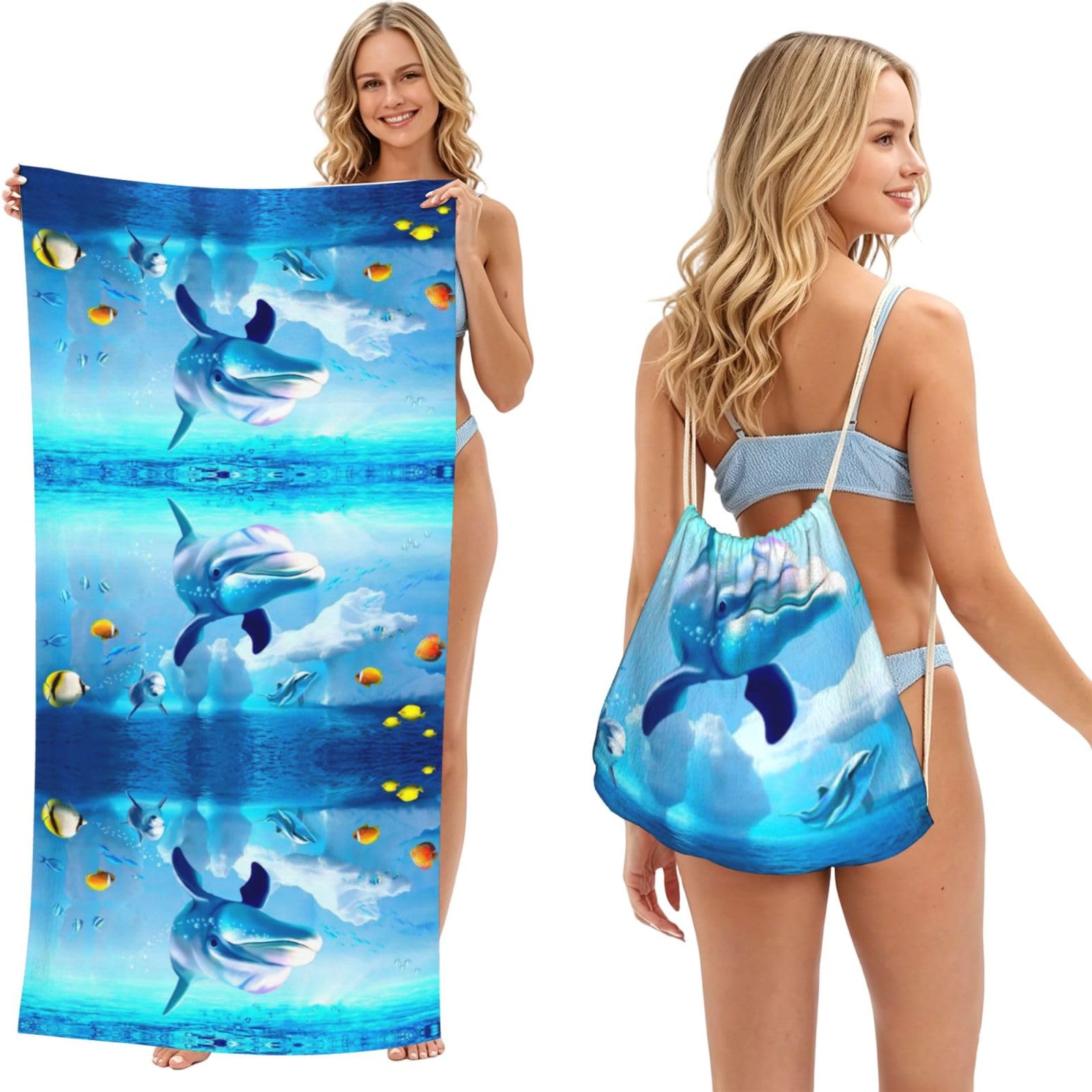 SATUSA Underwater World Fish Print 2-In-1 Foldable Beach Towel Backpack â€“ Camping, Yoga And Travel,Bath Towel With Built-In Storage, Convertible Beach Mat & Carry Bag