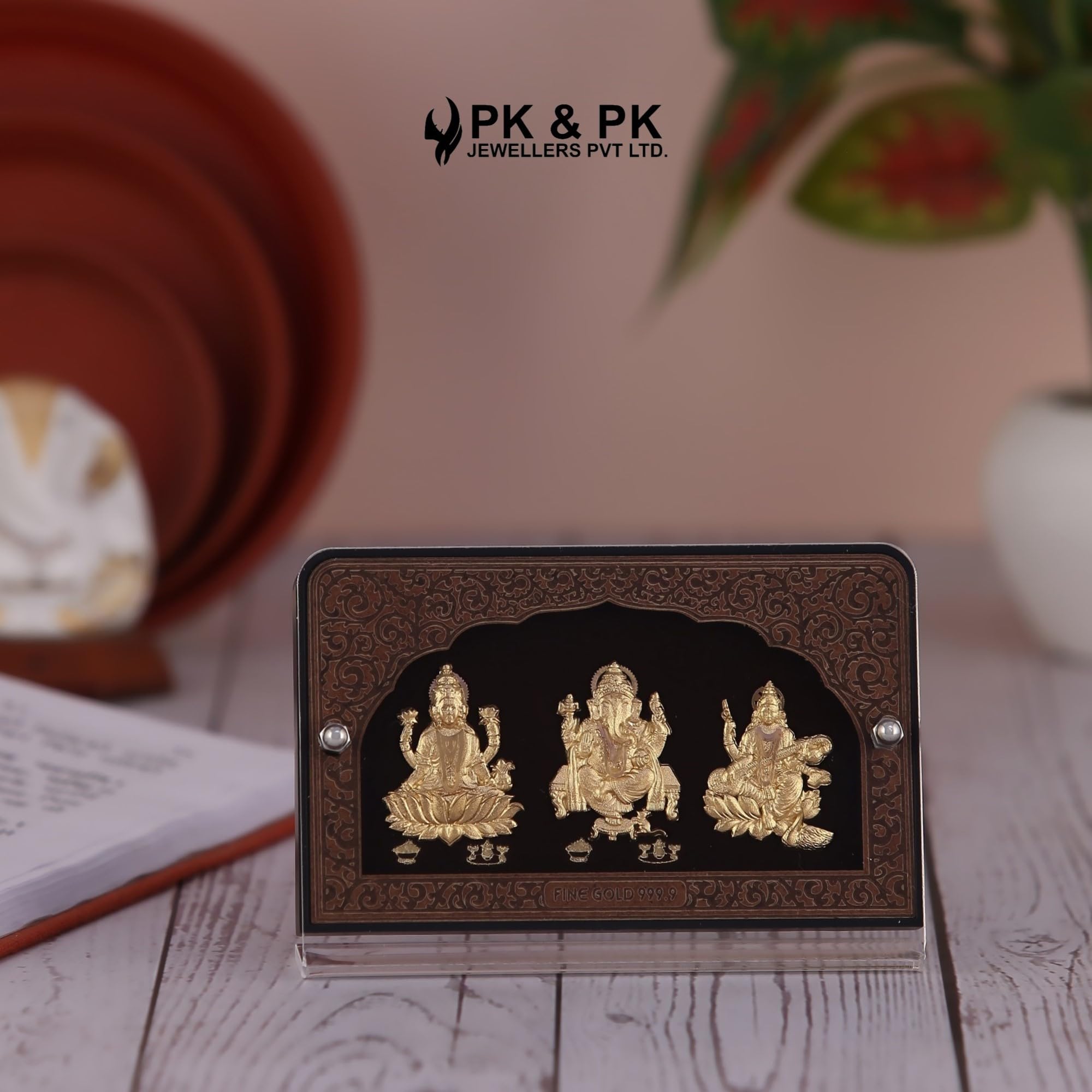 Pk & Pk Jewellers Laxmi Ganesh Saraswati (LGS) | 24KT Gold Frame or Table Top (for Premium Gift, Temple, Home Decoration, Table Décor)