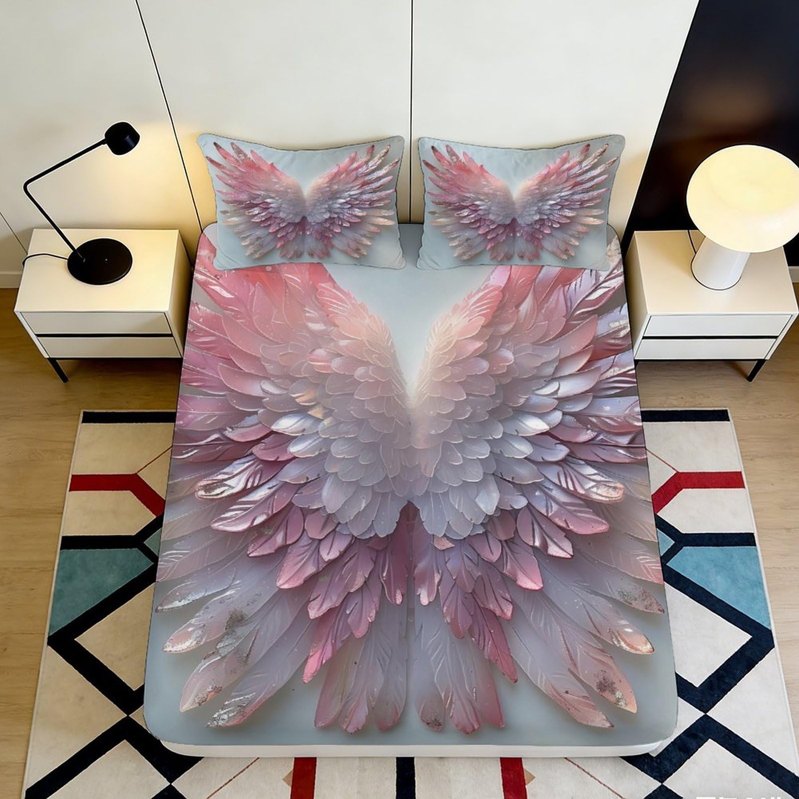 3D Printed Angel Wings Fitted Sheet Microfiber Pink Feather Bed Cover for Bedroom Guest Room Dorm Mattress Decor 90x200x25cm