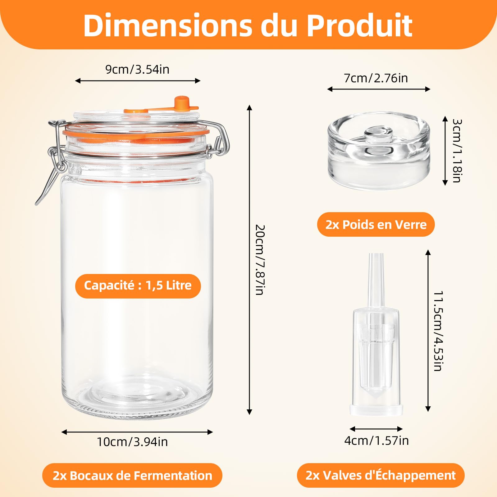 Kit de 2 Bocaux de Fermentation 1,5L avec Poids en Verre - Récipient pour Kimchi, Choucroute, Kombucha & Légumes Marinés - Inclus 2 Bocaux et 2 Poids