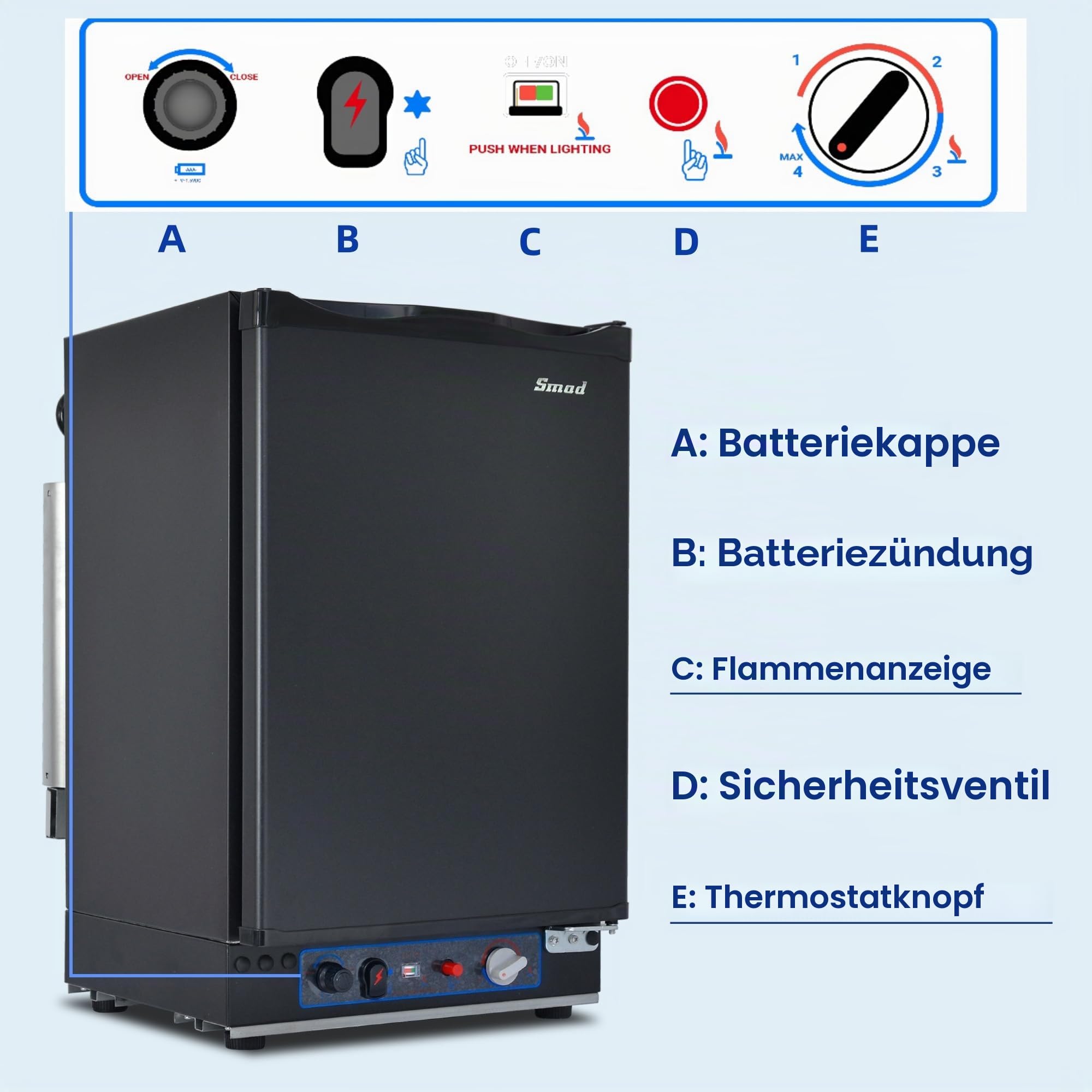 Smad 60L Kühlschrank Gas 12v 230v, 3 Wege Absorber Kühlschrank Gas für Camping Wohnwagen Reisemobil, LPG Gas 28 mBar