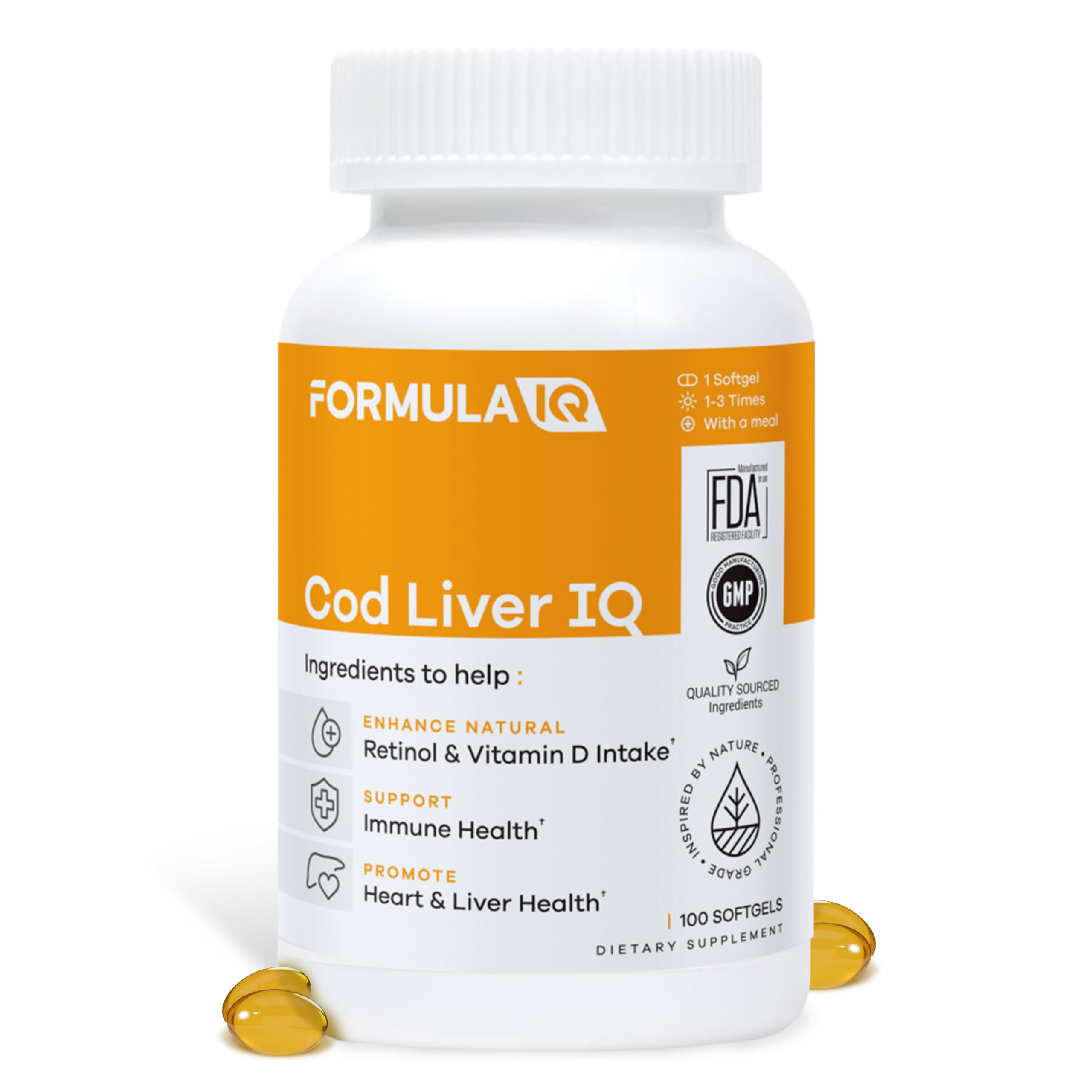 FIQ - Cod Liver IQ - Cod Liver Oil Softgels - Natural Source of Vitamins A & D and Omega-3 Fatty Acids - Heart, Liver & Immune Health - 100 Softgels