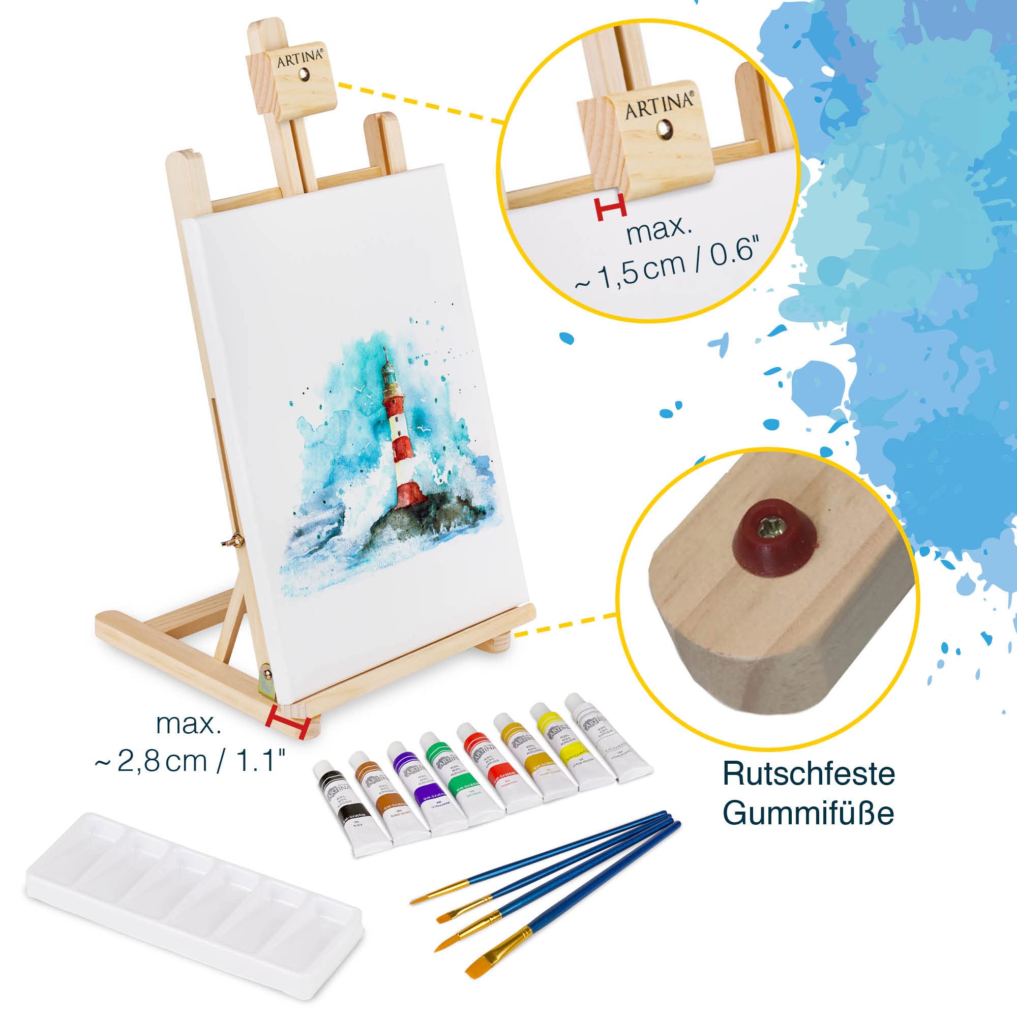 Artina 25tlg Premium Malset mit Tischstaffelei – 8x12ml Acrylfarben Set, 5x Keilrahmen, Pinsel – Malutensilien Malkoffer für Kinder & Erwachsene – Künstler Set FSC® Holz Staffelei zum Malen – Lisbon