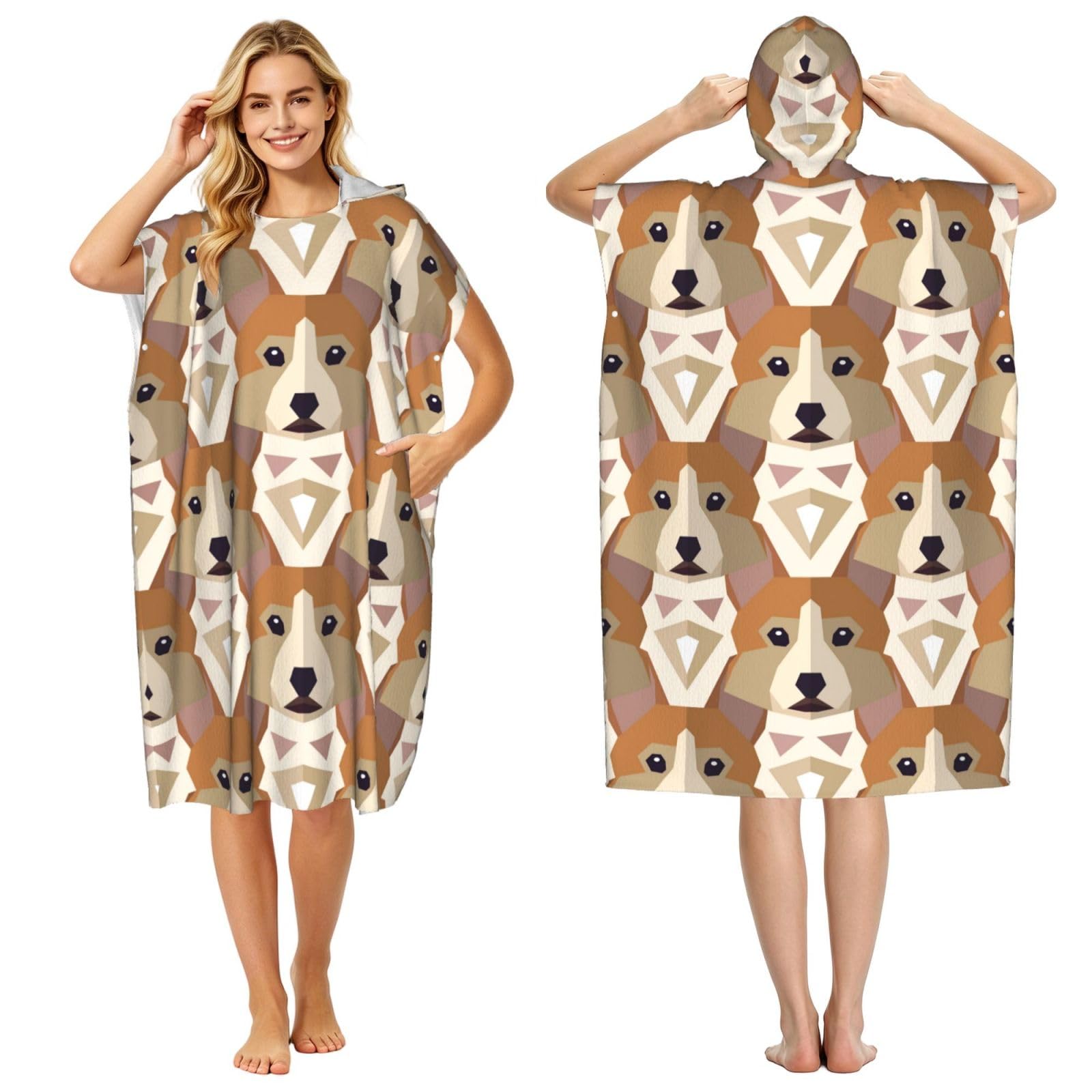 Poadnly Welsh Corgi Head Pattern, Adult Hooded Beach Towel 90 x 110 cm,Changing Bath Robe, Surf Poncho Towel For Women Men