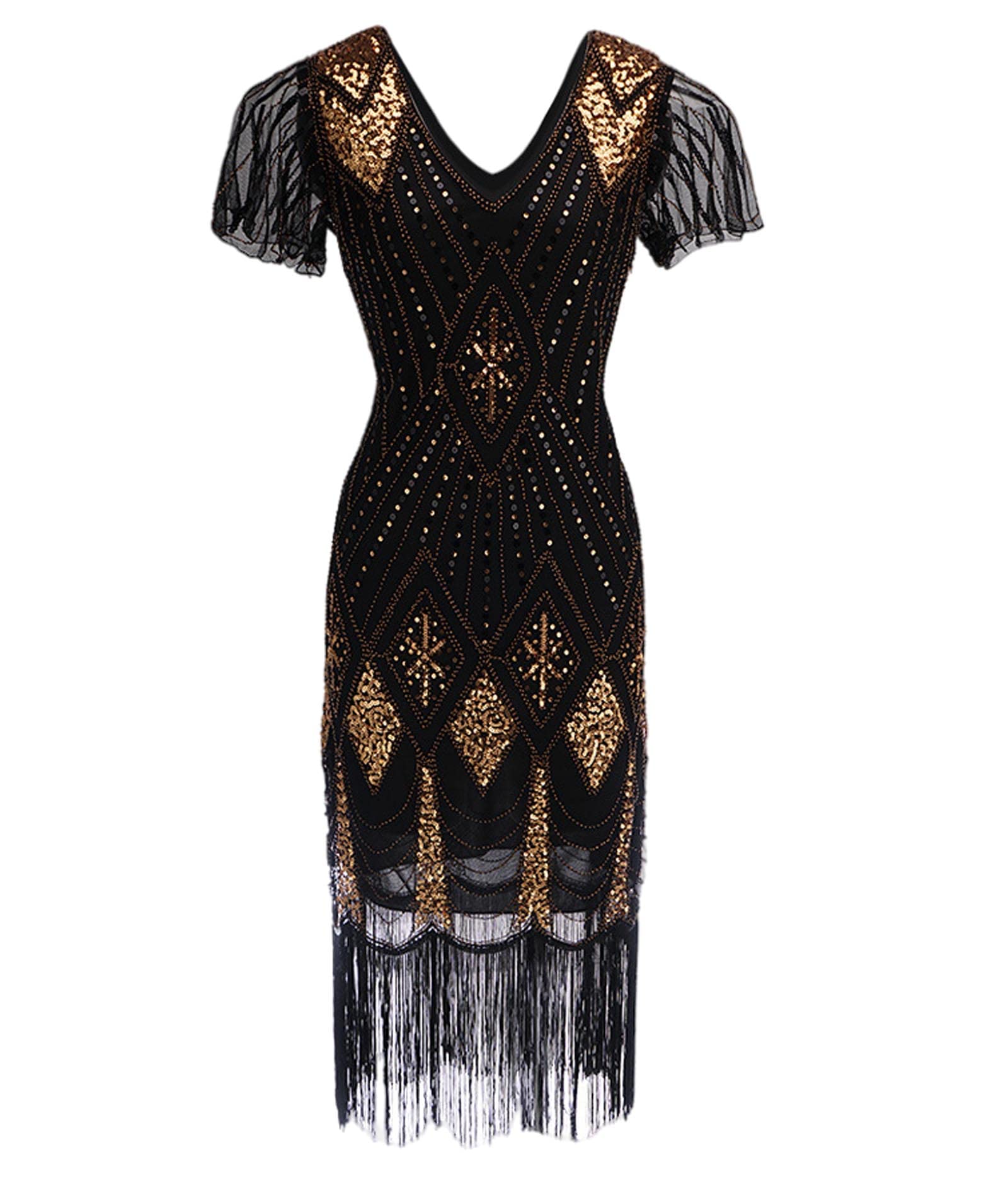 xxxiticat Robe vintage des années 1920 pour femme - Robe à franges Gatsby à paillettes - Ourlet à pompons - Robe de cocktail, de bal de fin d'année, de soirée, de costume