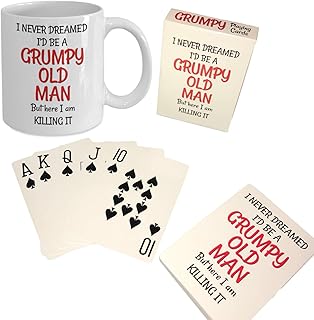 Grumpy Old Man Gag Gift Set - 50th 60th 70th 75th 80th Birthday - Mug and Jumbo Index Large Print Playing Cards for Seniors - Poker Sized for Texas Holdem, Bridge, Euchre, War Games - Husband Him Men
