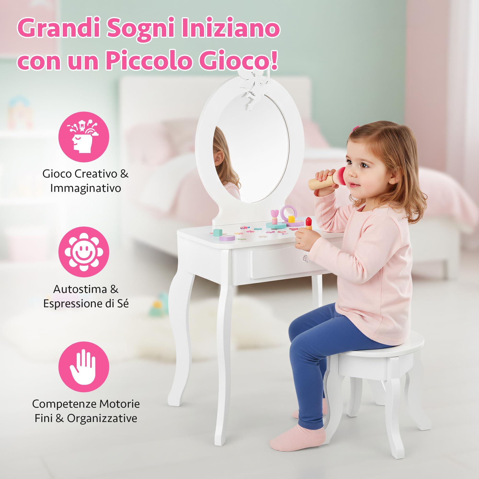 Green series Tavolo da toeletta per bambini in legno con specchio e sgabello, tavolo da toalet con cassetto e adesivi, per bambini, in legno, per la cameretta dei bambini, idea regalo per ragazze